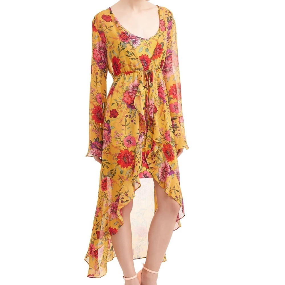 No Boundaries (NOBO) Sheer Yellow Floral Swim Cover-up Kimono Unknown Size